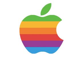 Slik så Apples logo ut før fargene ble fjernet i 1998. Logoen i videoen ser nærmest ut som en slags moderne versjon av den gamle logoen.