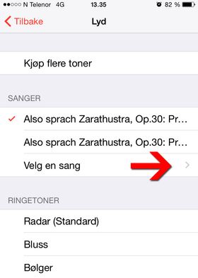 Låter fra Min musikk-mappen kan velges som alarmtone.