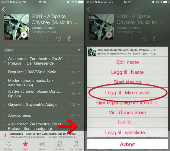 Velg en låt du vil våkne til i Apple Music.Låter fra Min musikk-mappen kan velges som alarmtone.