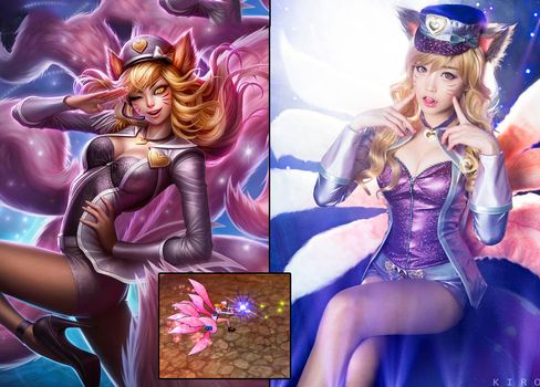 COPYCATS: Cosplayere kler seg ofte ut som spillfigurer. Her er Popstar Ahri fra League Of Legends (t.v og nede), portrettert av den sørkoreanske gruppen Spiral Cats (t.h).