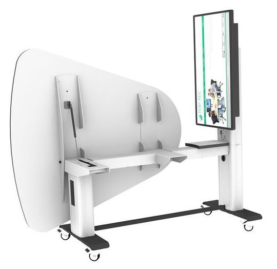 ALT I ETT: Bord som dette, såkalte «pods» kobler du bare til med én strømkabel. Alt av skjermteknologi, kabler og kontakter er integrert i bordet, som også kan vippes og stues inntil veggen.
