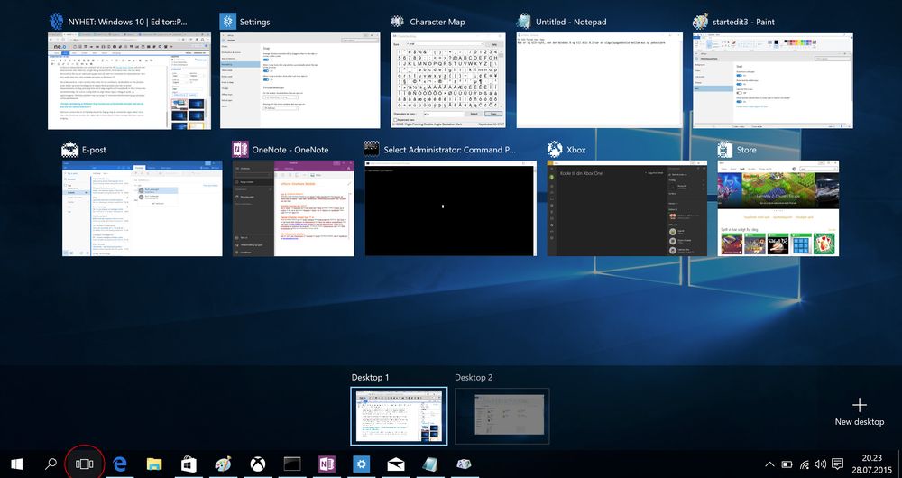 Den nye Task View-knappen fungerer som en snarvei til det som før var Tab + Windows-tast. I tillegg viser den deg hvor mange åpne skrivebord du har.