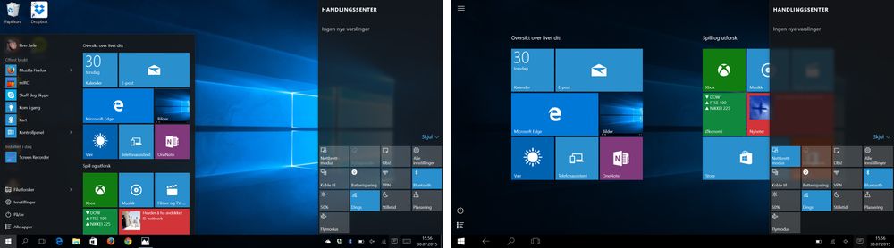 Windows 10s to ansikter. Operativsystemet bytter mellom dem dersom du for eksempel hekter av tastaturet ditt. På vårt brett gikk den også i nettbrettmodus om vi holdt det veldig skjevt, noe som tyder på at også bevegelsessensorene brukes for å styre funksjonen.