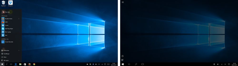 Ønsker du å ha startmenyen din tom for fliser i desktopmodus? Da må du leve med helt tom startskjerm i nettbrettmodus. Det hadde vært fordelaktig å kunne styre disse to uavhengig av hverandre.
