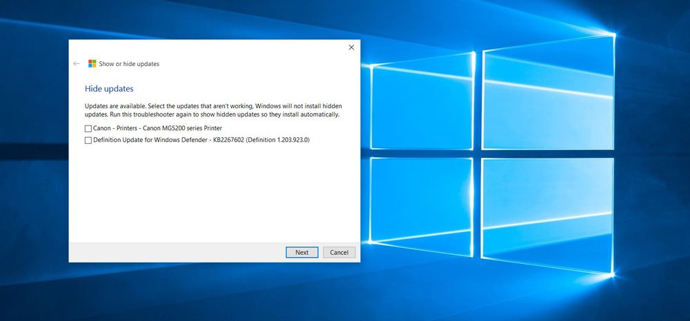 Velger du å skjule oppdateringer (Hide updates) kan du velge blant oppdateringene som er tilgjengelig for PC-en din. Vær obs på at allerede installerte oppdateringer først må fjernes igjen før de dukker opp her.