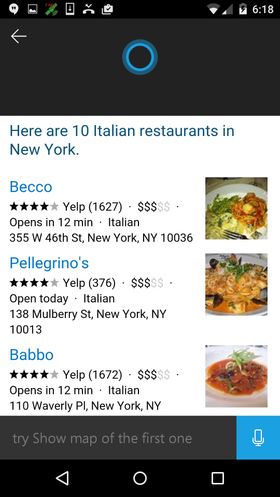 Cortana gjør det blant annet mulig å få opp informasjon om restauranter med stemmen.