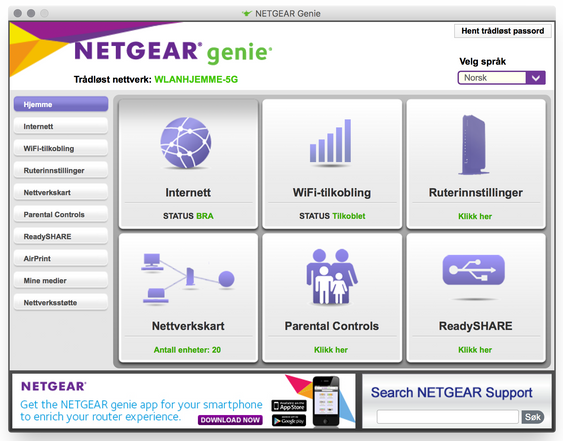 Netgear Geni-programvaren gir deg god oversikt over innstillingene.