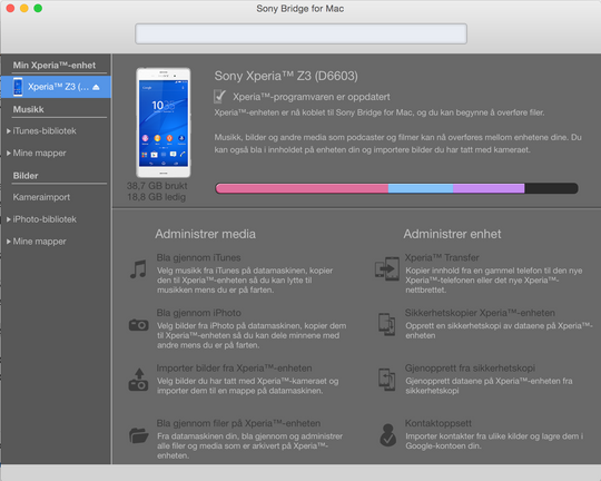 Sony har laget en egen Sony Bridge for Mac, som gjør det enkelt å sikkerhetskopiere data.