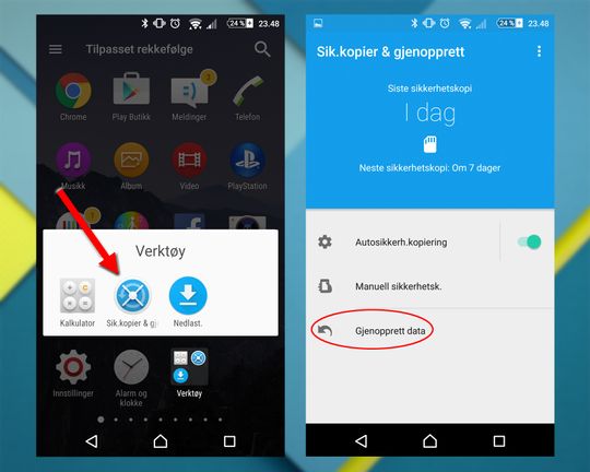 Her klikker du får å gjenopprette personlige data fra Androids innebygde app.