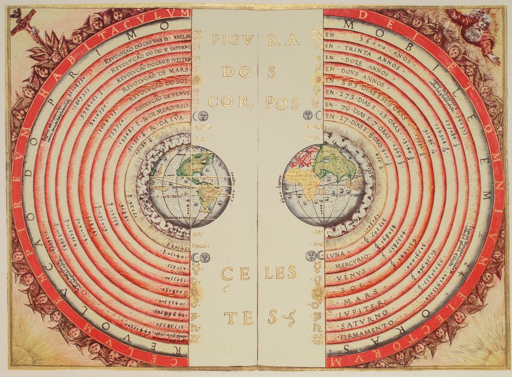 Denne illustrasjonen viser hvordan kosmograf og kartograf Bartolomeu Velho så for seg verdensrommet i 1568. Det er interessant å se avstandene – og at man trodde Solen lå et sted mellom Venus og Mars. Firmamento refererer til himmelhvelvingen, som man antok var solid.
