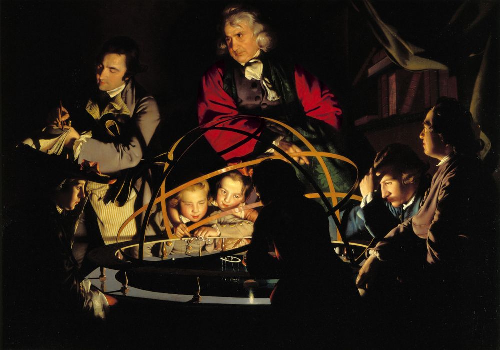 A Philosopher Lecturing on the Orrery (ca. 1766), av Joseph Wright of Derby. Det var kun de aller rikeste som hadde råd til slike undervisningsmidler, og hvermansen ante nok lite om hva som foregikk utenfor jordens atmosfære.