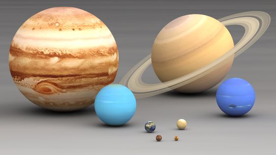 I 1846 ble Neptun oppdaget. Dermed hadde man funnet alle de åtte planetene i solsystemet, her vist i riktig størrelsesskala. Fra størst til minst: Jupiter, Saturn, Neptun, Uranus, Jorden, Mars, Venus og Merkur. Sistnevnte er mindre enn to av Jupiters måner, men samtidig mer massiv.