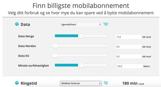 Trykker du Flere valg kan du tilpasse kalkulatoren, for eksempel ved å legge inn faktisk forbruk fra forrige mobilregning.