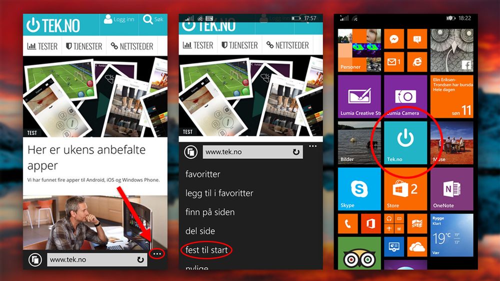 Windows Phone har det enkleste oppsettet, men til gjengjeld må du bruke Internet Explorer og får ikke lov til å velge navn på snarveien.