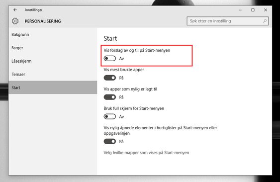 Trykk på «Start», og skru av forslagene.