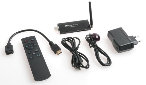 I pakken: MK903V, HDMI-skjøteledning, fjernkontroll, USB-kabel for strøm, IR-sensor og USB strømadapter.