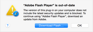 Dette er blokkeringsmeldingen som Safari-brukere vil få opp dersom man kjører en utdatert Flash-versjon.