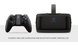 AuraVisor-brillene og den medfølgende Bluetooth- håndkontrollen.