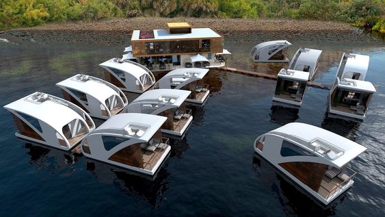 Hotellrommene er utformet som katamaraner, og kan dermed kobles fra hotellet og brukes som båter. 