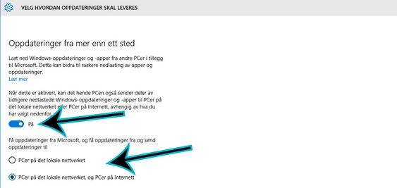 Her er vi endelig fremme ved innstillingene vi er opptatt av. Her kan du velge å deaktivere all deling av oppdateringer, eller du kan tilgodese PC-ene i lokalnettverket med oppdateringshjelp.