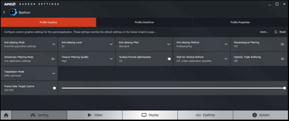 Noen av grafikkinnstillingene du kan endre fra Radeon Settings. Legg merke til «Profile Overdrive», som lar deg overklokke ulikt for hvert spill du starter.