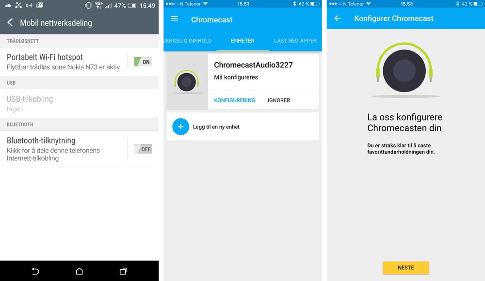 Det er optimalt å bruke en Android-telefon som hovedtelefon for dette prosjektet. Vi har valgt å sette innstillingene fra en iPhone. Det første du må gjøre er å aktivere trådløs nettverksdeling fra hovedtelefonen. Deretter kobler du telefon nummer til nettverket som deles, og følger instruksjonene fra Chromecast-appen.