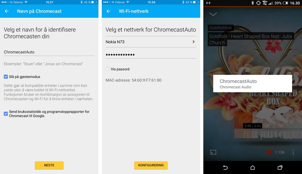 Etter å ha koblet Chromecast Audio til det delte nettverket fra en Android-telefon vil du finne dingsen direkte fra telefonen. Dette fungerer ikke like godt på en iPhone.