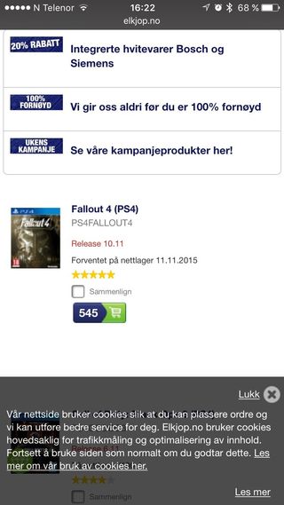 Slik ser cookie-informasjonen ut på Elkjøps nettsider.