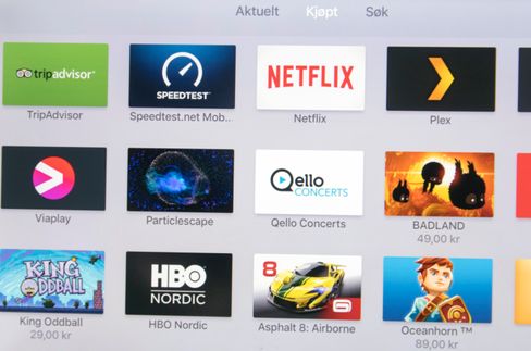 Da vi startet opp Apple TV hadde vi allerede et utvalg apper i oversikten over kjøpt og tidligere brukt innhold.