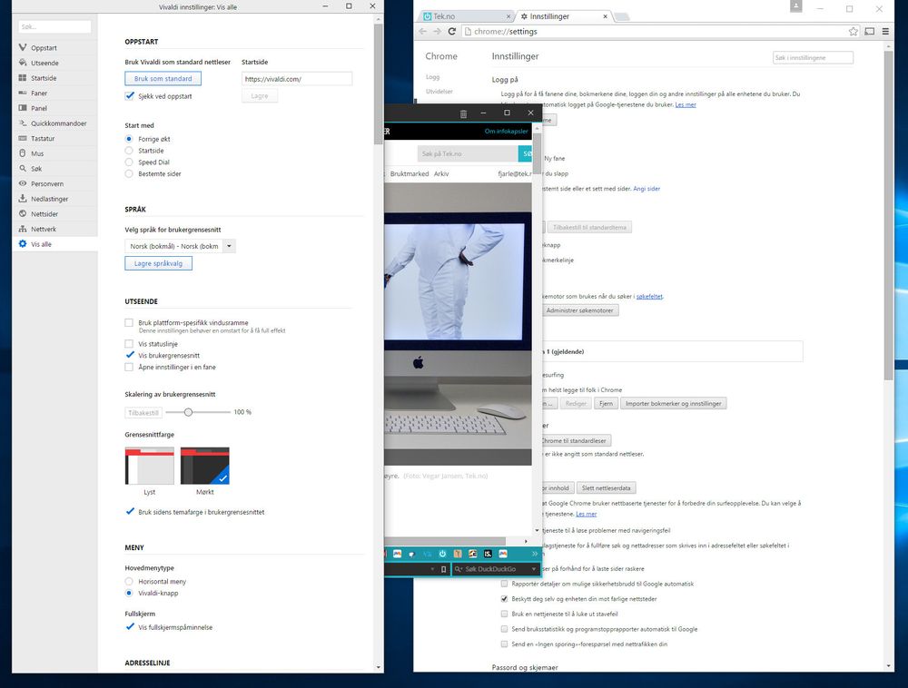 Innstillingsmenyen fra Vivaldi (t.v.) er betraktelig mer velfylt enn den som hører til Chrome.