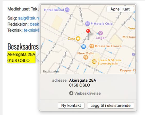 Trykk hardt på en adresse for å vise kart.