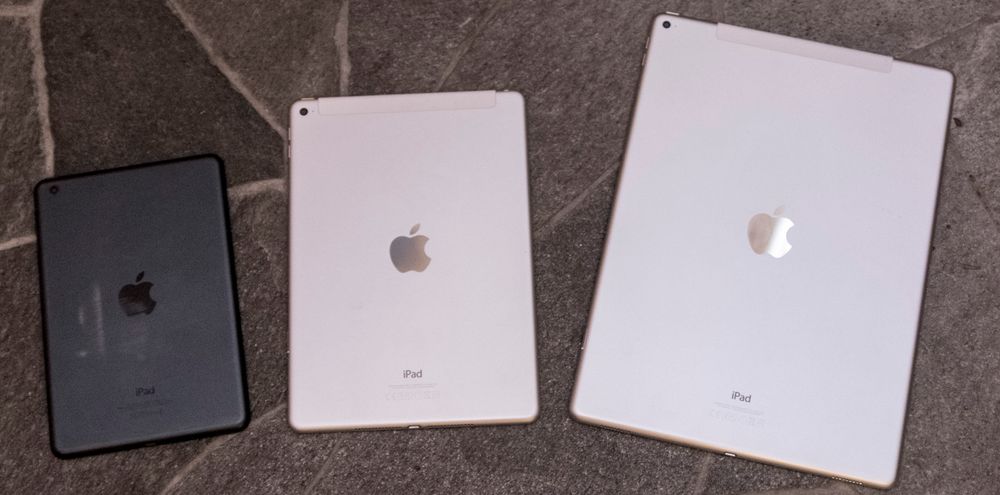 Apple leker med størrelser: Fra venstre, originale iPad Mini, iPad Air 2 og iPad Pro. Mini får stadig mindre betydningsfulle oppdateringer om dagen.