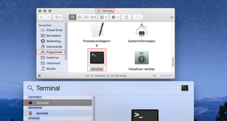 3) Terminalen kan du finne på to måter, enten ved å bla deg frem via Finder, eller ved å søke med Spotlight.