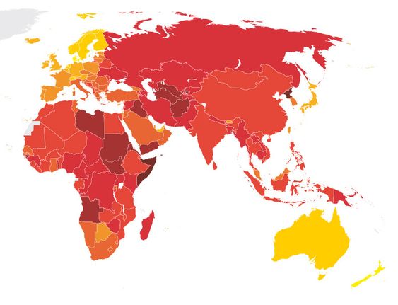 Jo mørkere rødfarge, jo mer korrupsjon. Telenor har satset store beløp i noen av verdens mest korrupte land.