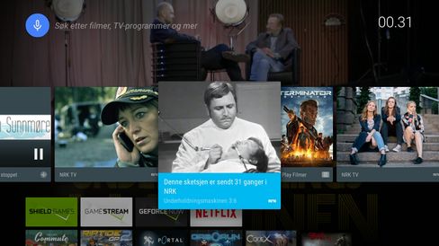 Android på TV er i hovedsak Googles design. Her ser vi også at NRK-appen dytter ut lenker direkte til interessant innhold.