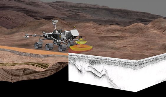 Illustrasjon av hvordan Rimfax vil operere på Mars om seks år fra nå. 
