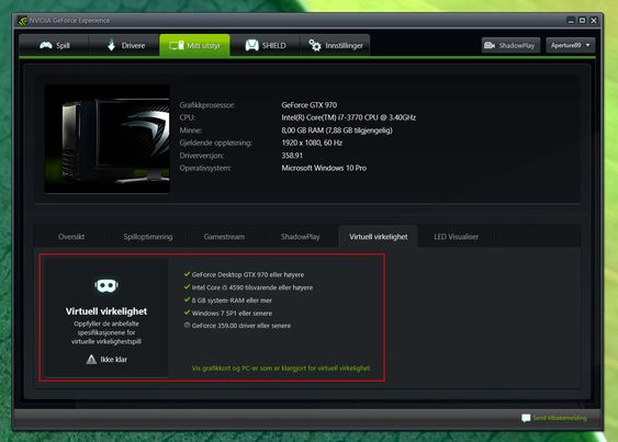 I Nvidia Experience kan du se om PC-en din er klar for VR.