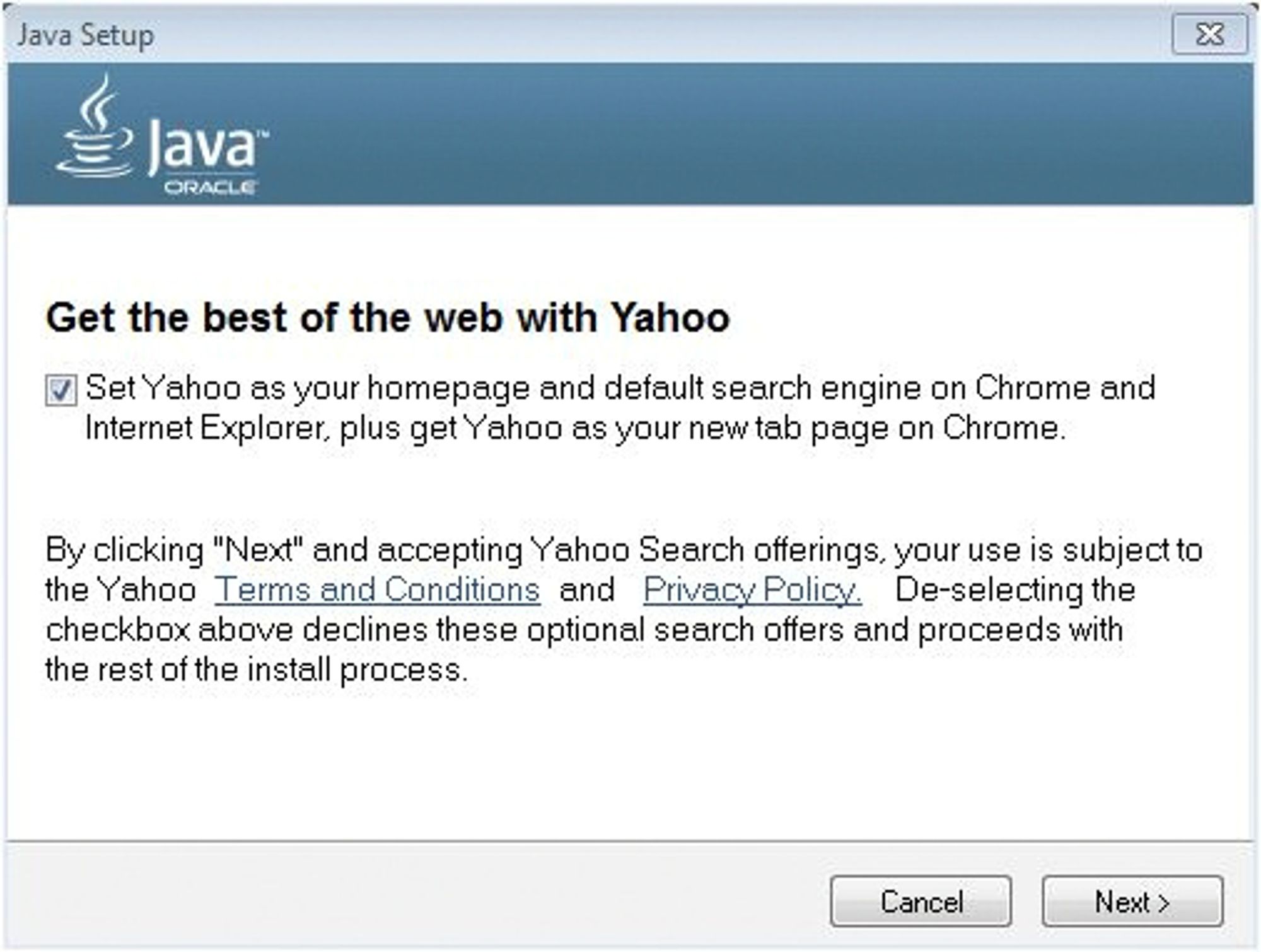 Bundling av Yahoo i Java fra Oracle
