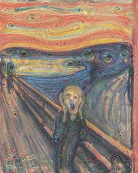 Bildet «Skrik» av Edvard Munch slik det tolkes av et nevralt nettverk hos Google.