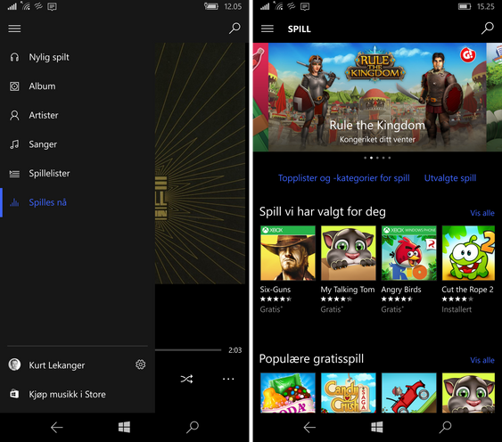 Lumia 950 XL er en super underholdningsmobil. Til venstre er musikk-appen, til høyre spillbutikken i Windows Store.