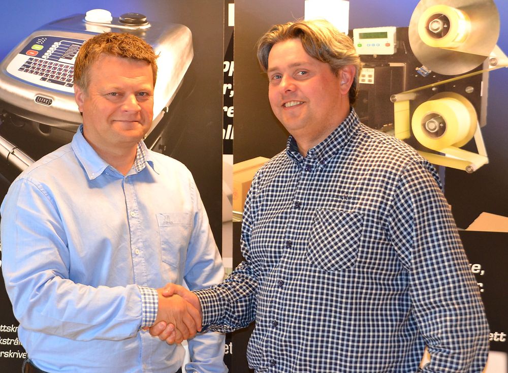 Erik Brandsrud (t.v.) er regionsansvarig hos ACT Logimark på Sørlandet, her sammen med salgssjef Espen Øverbø.