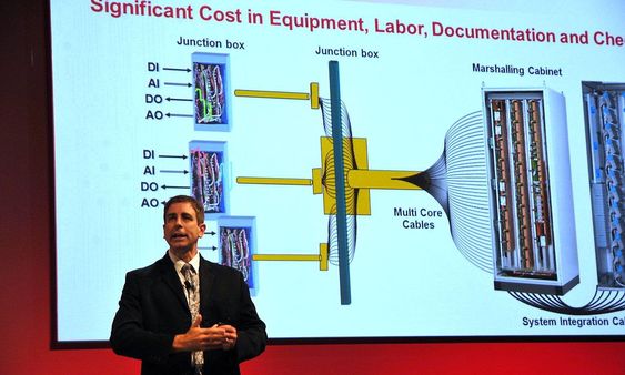 Jason Urso, teknisk sjef i Honeywell Process Solutions, presenterer et eksempel med softwarekonfigurerbare signalgrensesnitt. 