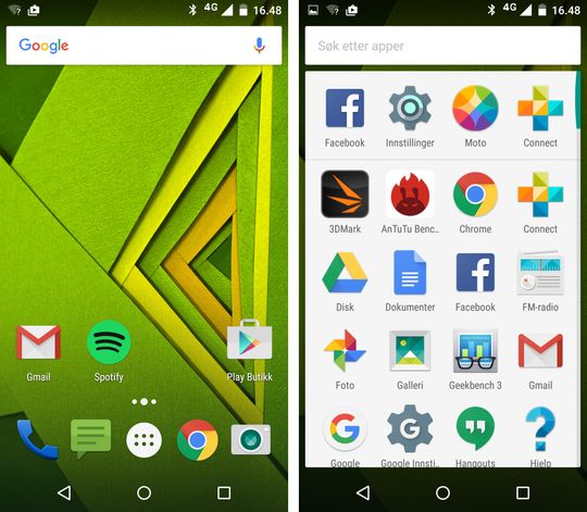 Slik ser hjemmeskjermen og appmenyen på Moto X Play ut. Det er generelt lite fiksfakseri her, og alt ligger veldig nærme en ren Android-opplevelse.