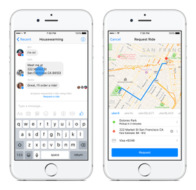 En Uber-bil kan bestilles ved å klikke på adresser i chatten.