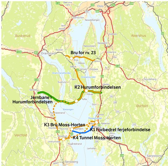 Konseptutvalget for kryssing av Oslofjorden foreslo veiforbindelse mellom Moss og Horten, samt bru ved Hurum eller et nytt løp i Oslofjordtunnelen. Statens vegvesen og Fylkesmannen i Oslo er nå uenige.  