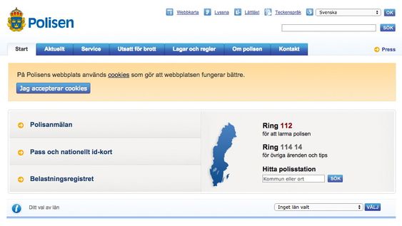 Det svenske politiet har tydelig merket at nettstedet benytter seg av cookies og ber brukeren gi samtykke i bruken. 