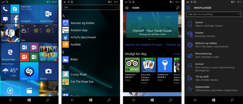 Det er lett å ta seg frem i Lumia 550-menyene. Siden det er Windows 10 Mobile som kjører har menyene mye til felles både med Windows Phone og Windows på storskjerm.