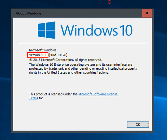 Her kan du finne ut hvilken Windows-versjon du allerede har. Om tallet i den røde boksen er lavere enn 1511, som her, har du en oppdatering til gode fra Microsoft.