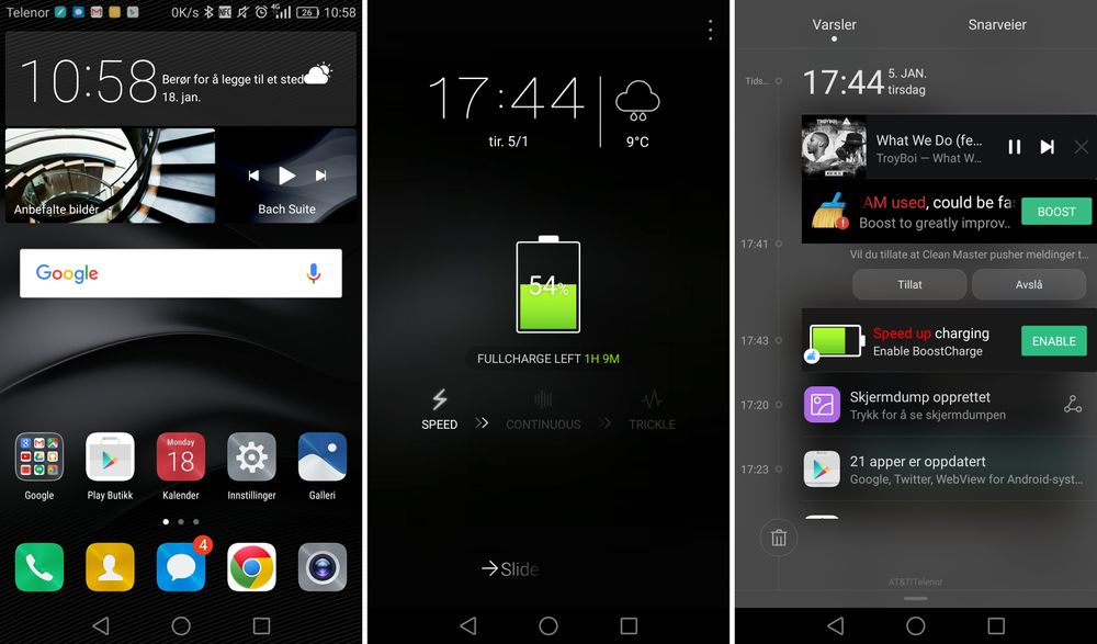 Slik ser menyene i Huawei Mate 8 ut. Her får du ingen appmeny, men telefonen leveres med den superirriterende appen Clean Master som skal forbedre alt mulig på telefonen din. Men den maser også som et uvær, og var den første og eneste medfølgende appen vi fjernet helt fra telefonen, som uansett har tilsvarende funksjoner for det meste.