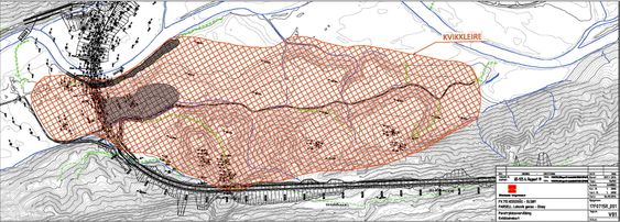 Den røde skraveringen viser omfanget av kvikkleire i området der den nye veien skal bygges over Skauga. 